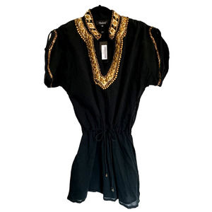 NWT Tolani Womens Beaded Tunic Cover-Up Short Sleeve Size XS Black/Gold
